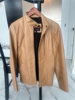Women’s Light Brown Leather Zip-Front Jacket with Stand Collar